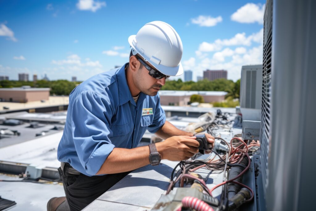 A man working on repairing an air conditioner.